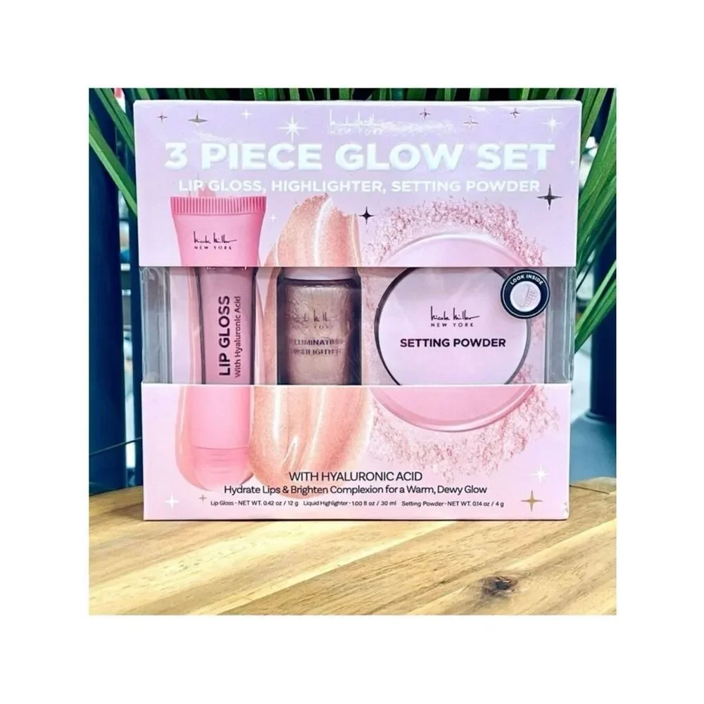 NWT Nicole Miller 3Pc Glow Set Lip Gloss Illuminating Highlighter Setting Powder